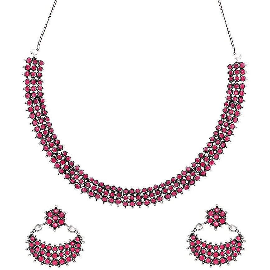 Yellow Chimes Jewellery Set for Women and Girls Traditional Silver Oxidised Jewellery Set Pink Choker Set | Studded Stones Choker Necklace Set for Women | Birthday Gift For Girls and Women Anniversary Gift for Wife