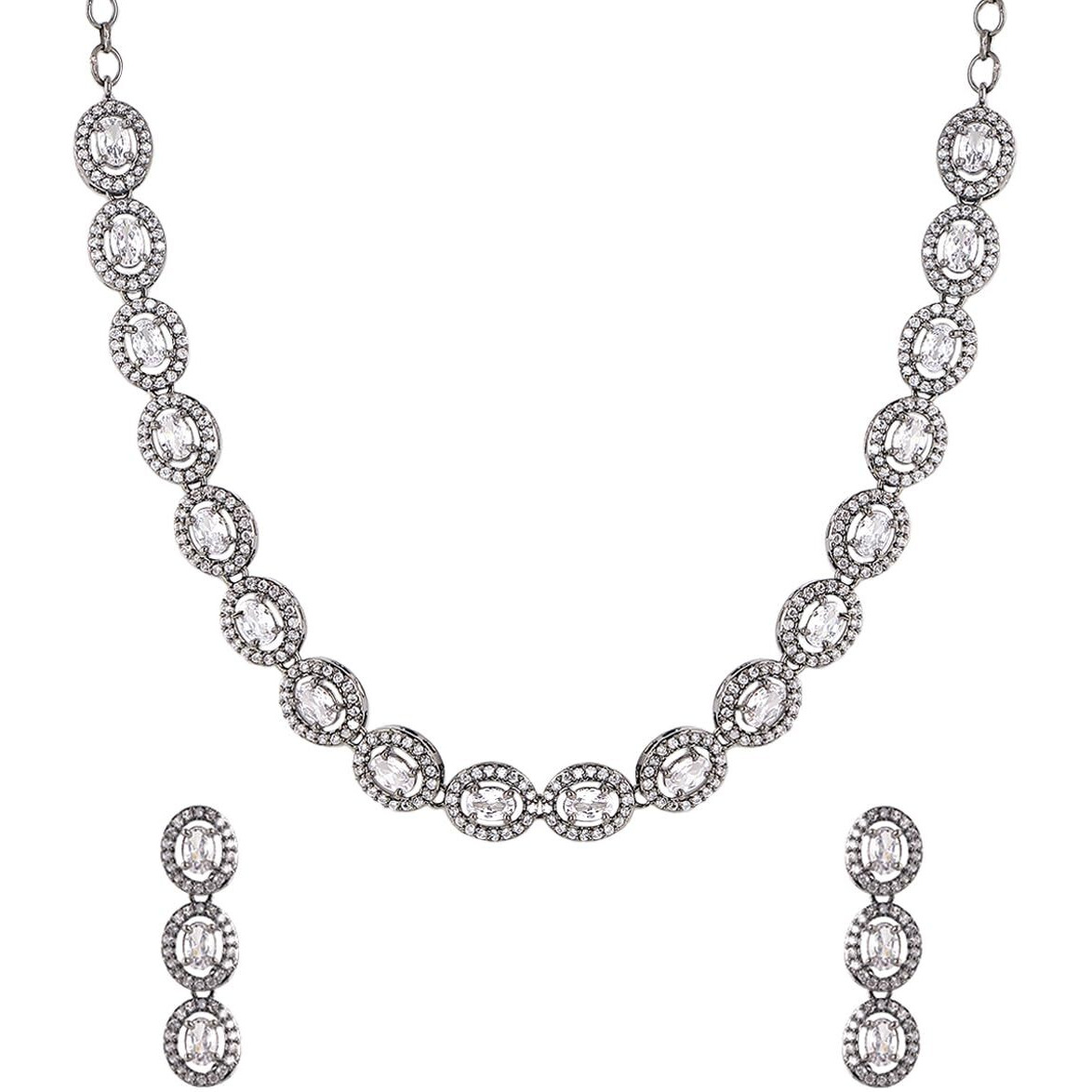 Yellow Chimes American Diamond Necklace Set For Women | White Stone Black Silver Jewellery Set For Women | Diamond Necklace Set | Birthday Gift for Girls Anniversary Gift for Wife