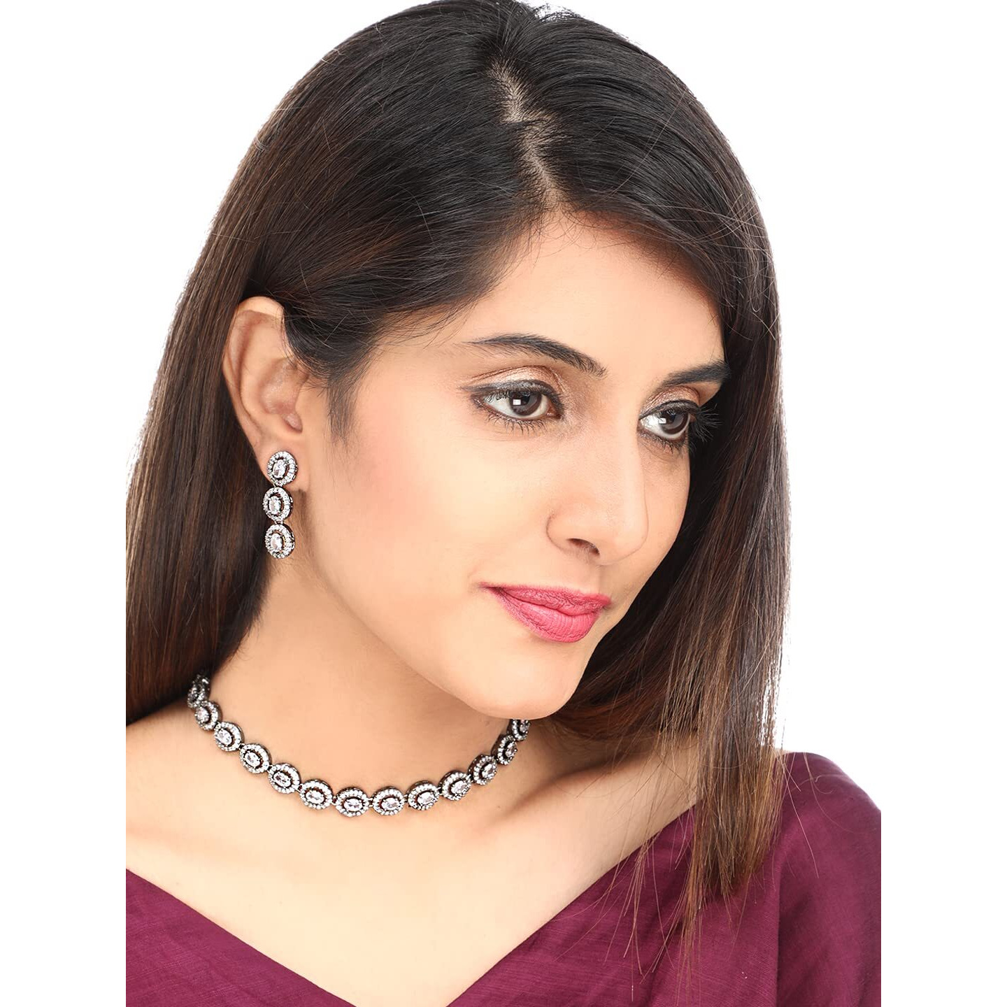 Yellow Chimes American Diamond Necklace Set For Women | White Stone Black Silver Jewellery Set For Women | Diamond Necklace Set | Birthday Gift for Girls Anniversary Gift for Wife