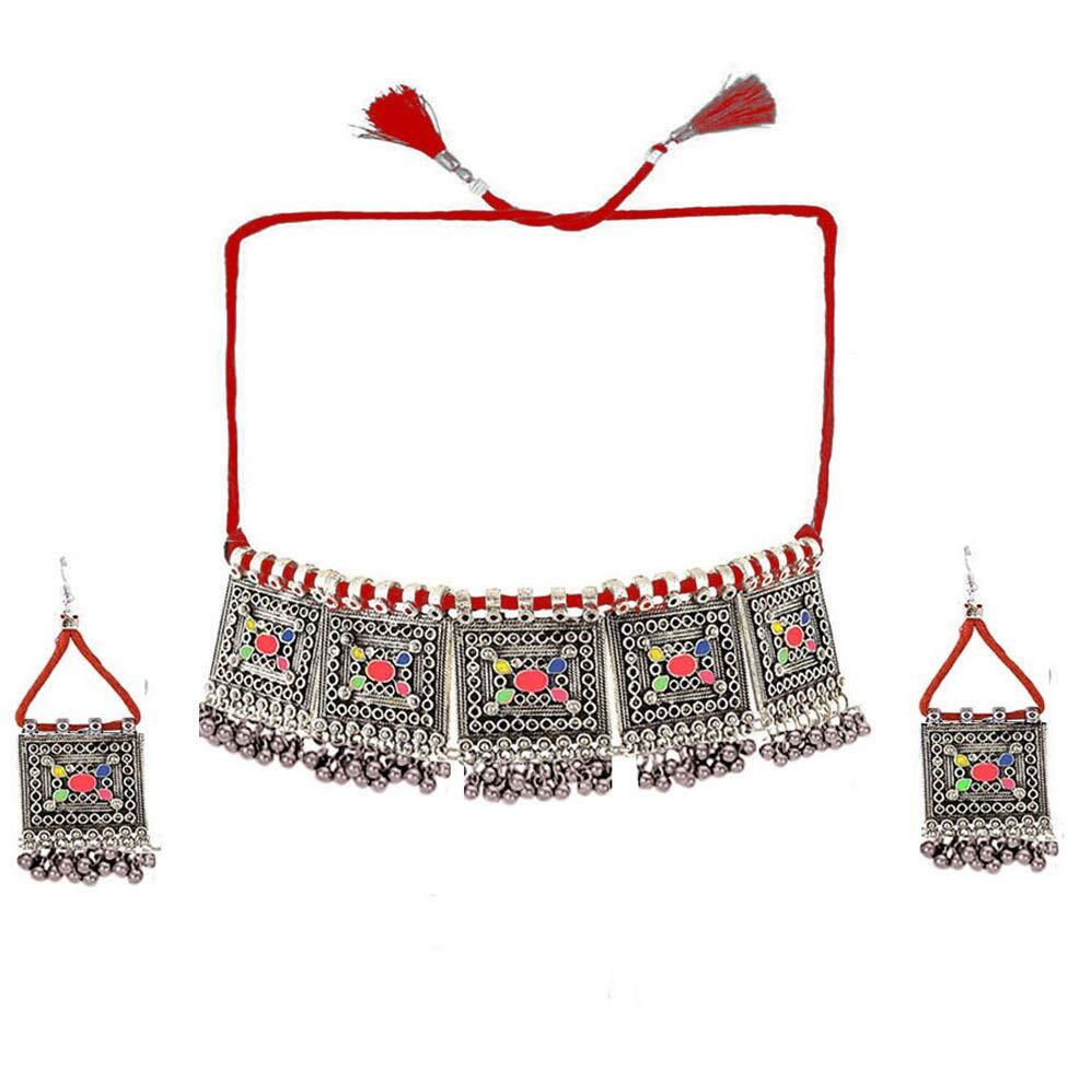 Yellow Chimes Oxidised Jewellery Set for Women Silver Oxidised Set Afghani Style Ghungroo Threads Choker Necklace Set for Women and Girls.