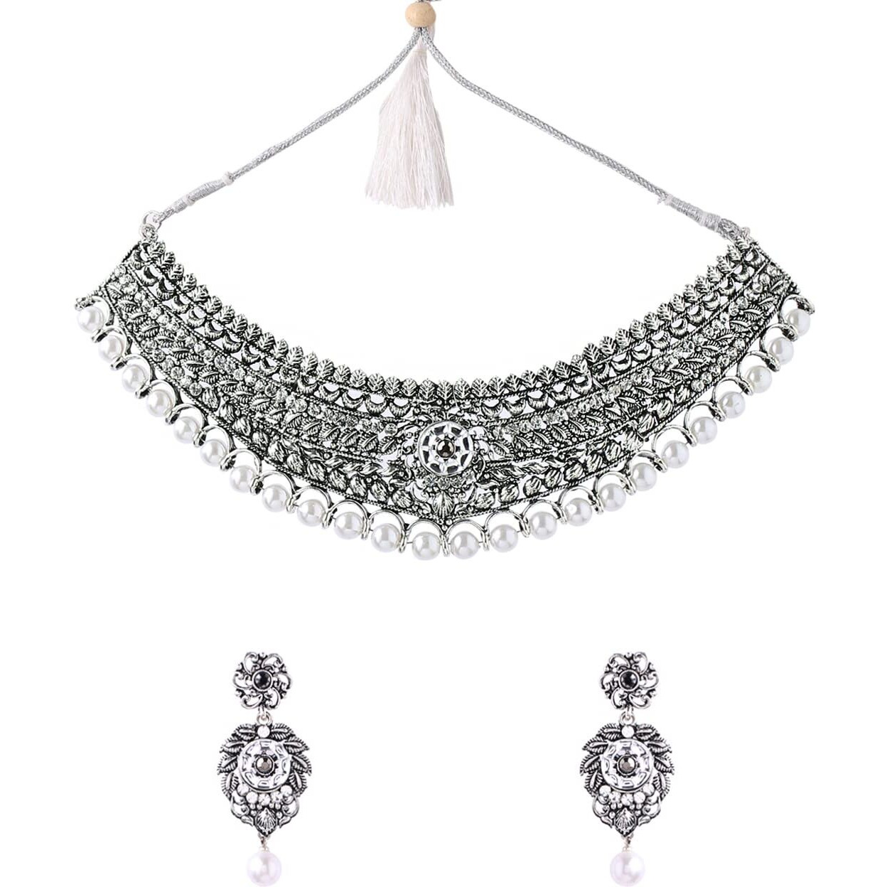 Yellow Chimes Oxidised Jewellery Set for Women Silver Oxidised Jewellery Set Royal Looks Beaded Necklace Set For Women and Girls