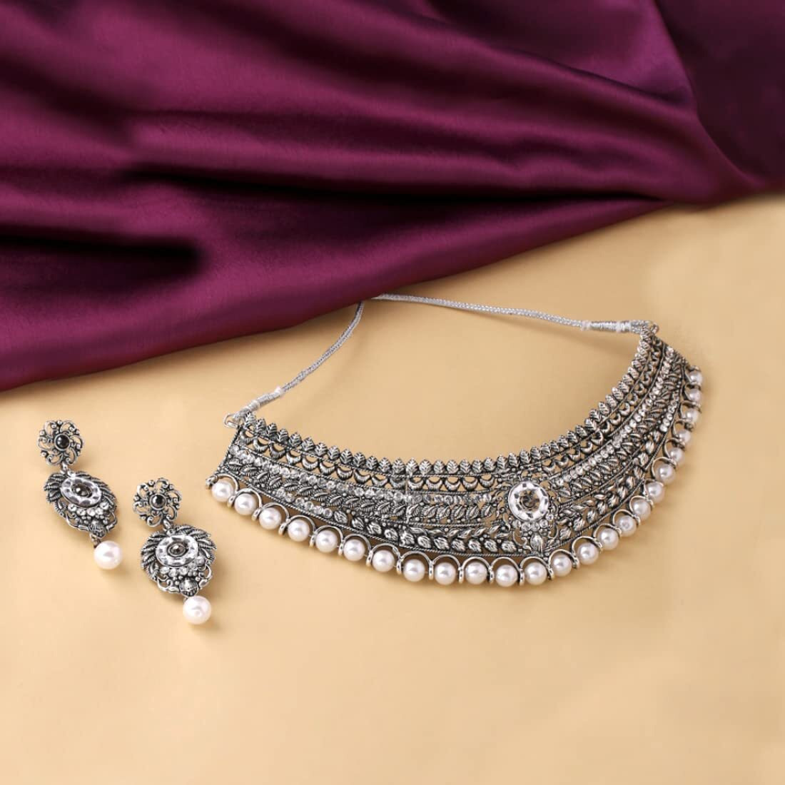 Yellow Chimes Oxidised Jewellery Set for Women Silver Oxidised Jewellery Set Royal Looks Beaded Necklace Set For Women and Girls
