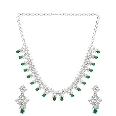 Yellow Chimes American Diamond Necklace Set For Women | Green Stone Silver Jewellery Set For Women | Diamond Necklace Set | Birthday Gift for Girls Anniversary Gift for Wife