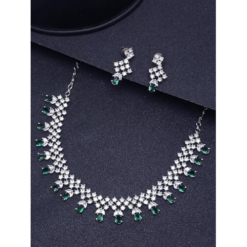 Yellow Chimes American Diamond Necklace Set For Women | Green Stone Silver Jewellery Set For Women | Diamond Necklace Set | Birthday Gift for Girls Anniversary Gift for Wife