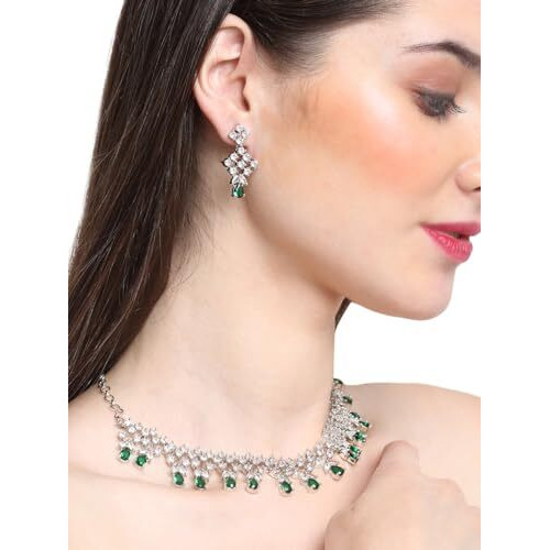 Yellow Chimes American Diamond Necklace Set For Women | Green Stone Silver Jewellery Set For Women | Diamond Necklace Set | Birthday Gift for Girls Anniversary Gift for Wife