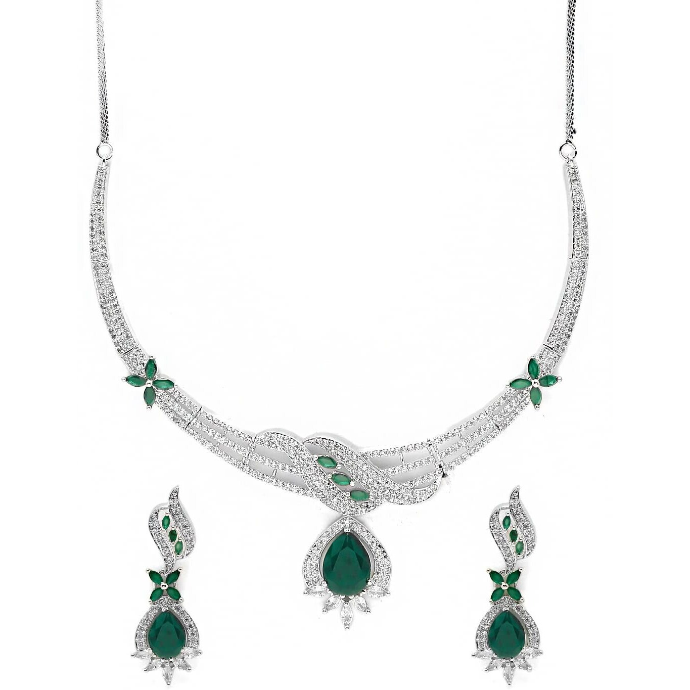 Yellow Chimes American Diamond Necklace Set For Women | Green Stone Silver Jewellery Set For Women | Diamond Necklace Set | Birthday Gift for Girls Anniversary Gift for Wife