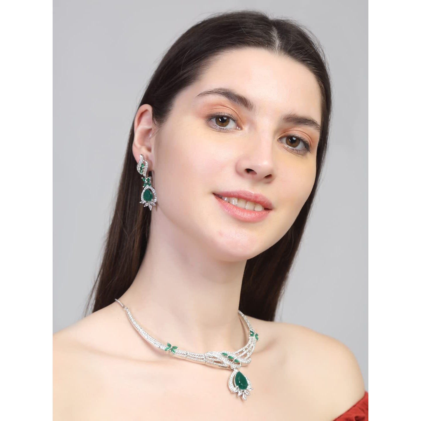 Yellow Chimes American Diamond Necklace Set For Women | Green Stone Silver Jewellery Set For Women | Diamond Necklace Set | Birthday Gift for Girls Anniversary Gift for Wife