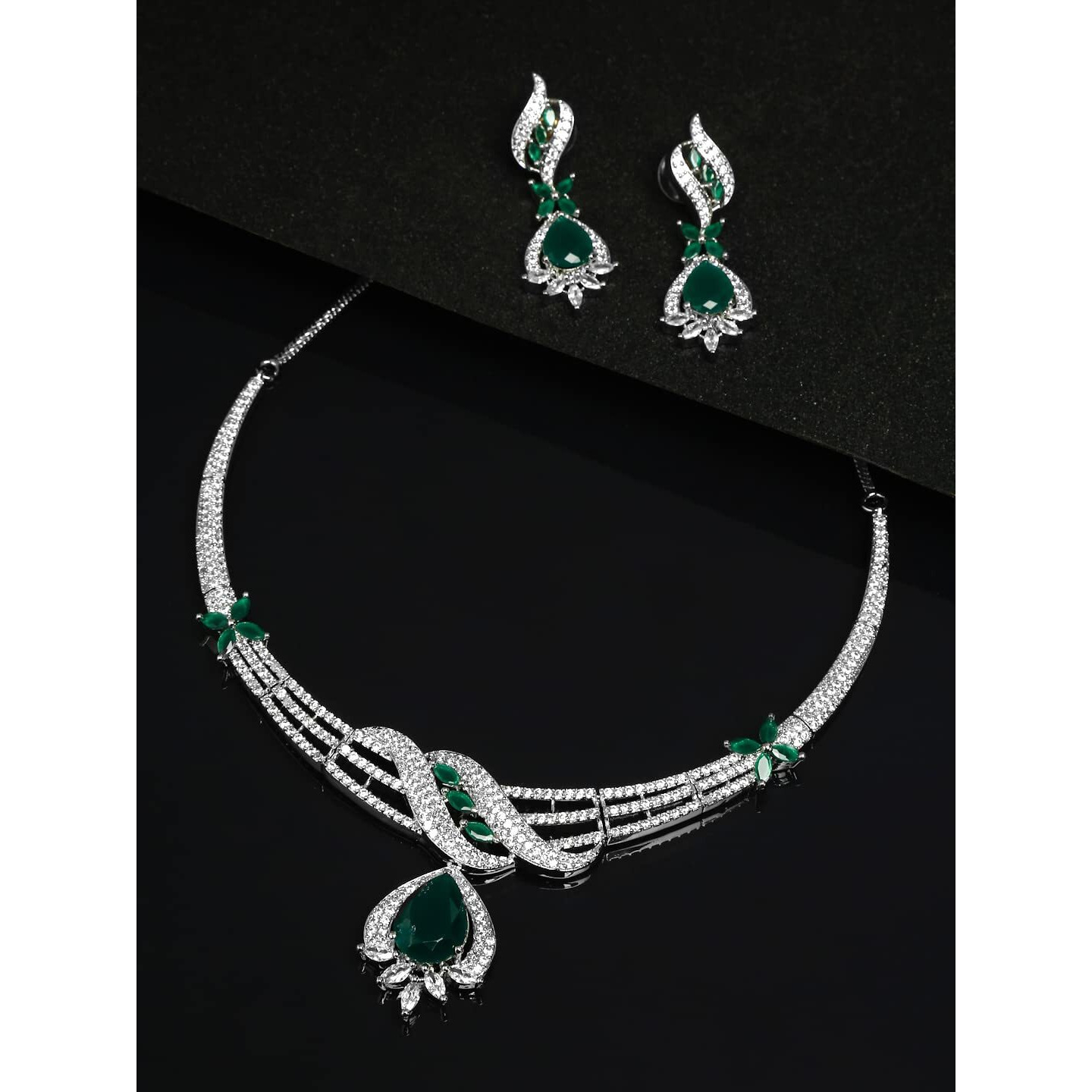 Yellow Chimes American Diamond Necklace Set For Women | Green Stone Silver Jewellery Set For Women | Diamond Necklace Set | Birthday Gift for Girls Anniversary Gift for Wife