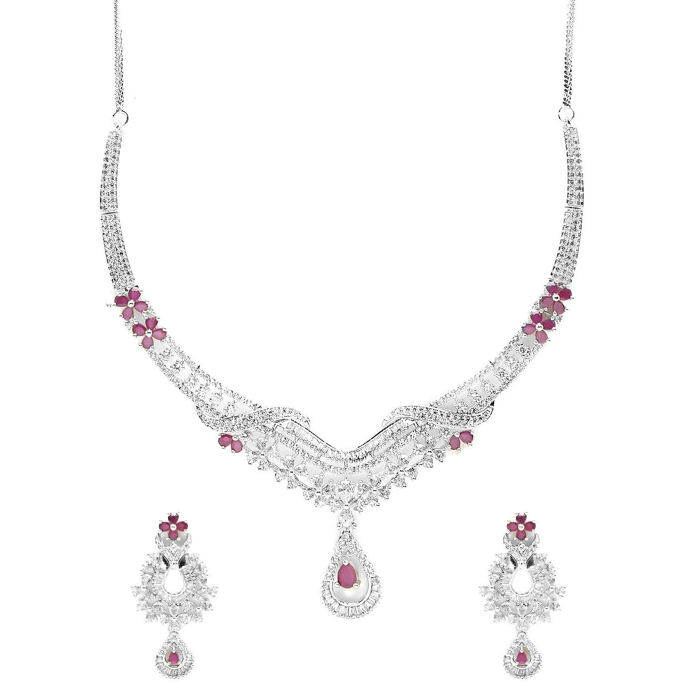 Yellow Chimes American Diamond Necklace Set For Women | Pink & White Stone Silver Jewellery Set For Women | Diamond Necklace Set | Birthday Gift for Girls Anniversary Gift for Wife