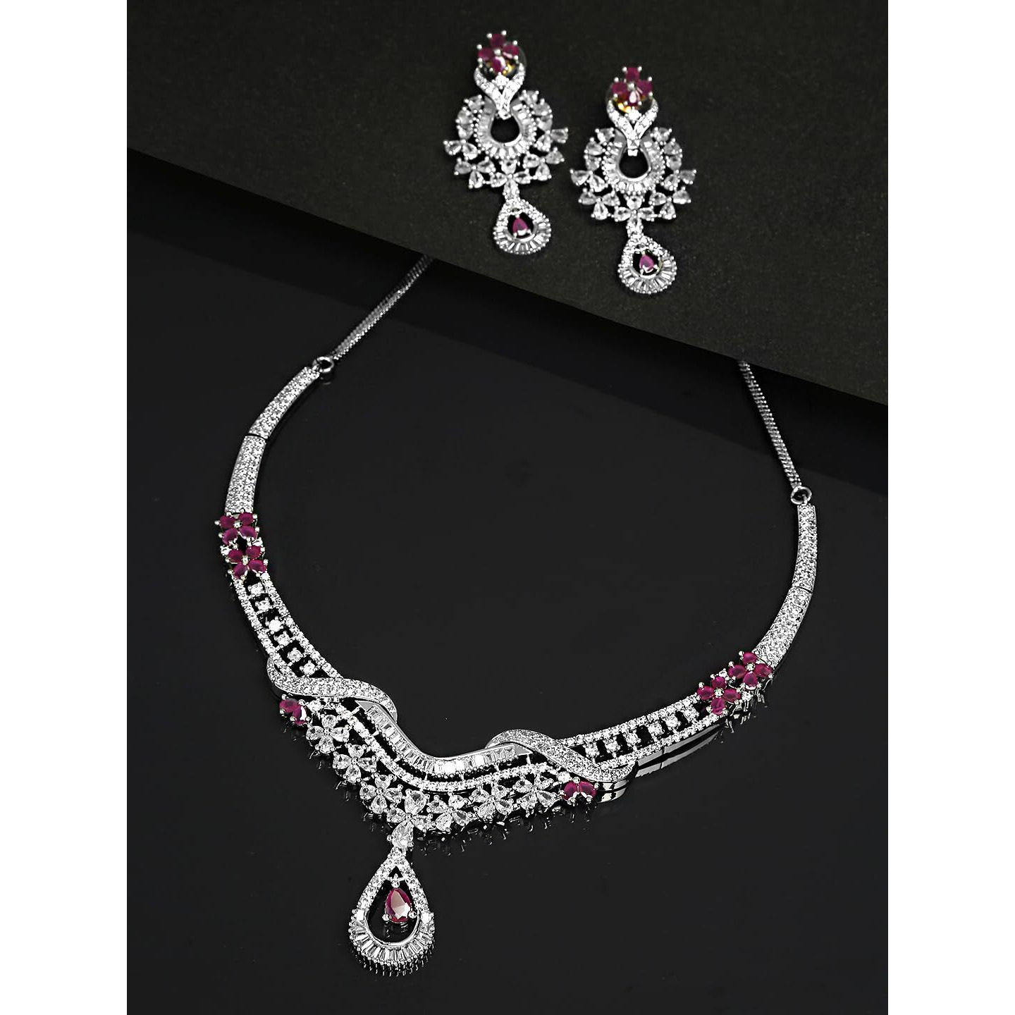 Yellow Chimes American Diamond Necklace Set For Women | Pink & White Stone Silver Jewellery Set For Women | Diamond Necklace Set | Birthday Gift for Girls Anniversary Gift for Wife