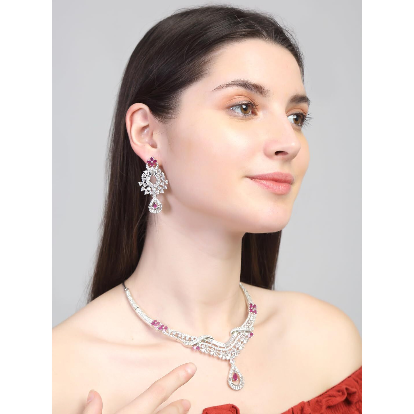 Yellow Chimes American Diamond Necklace Set For Women | Pink & White Stone Silver Jewellery Set For Women | Diamond Necklace Set | Birthday Gift for Girls Anniversary Gift for Wife