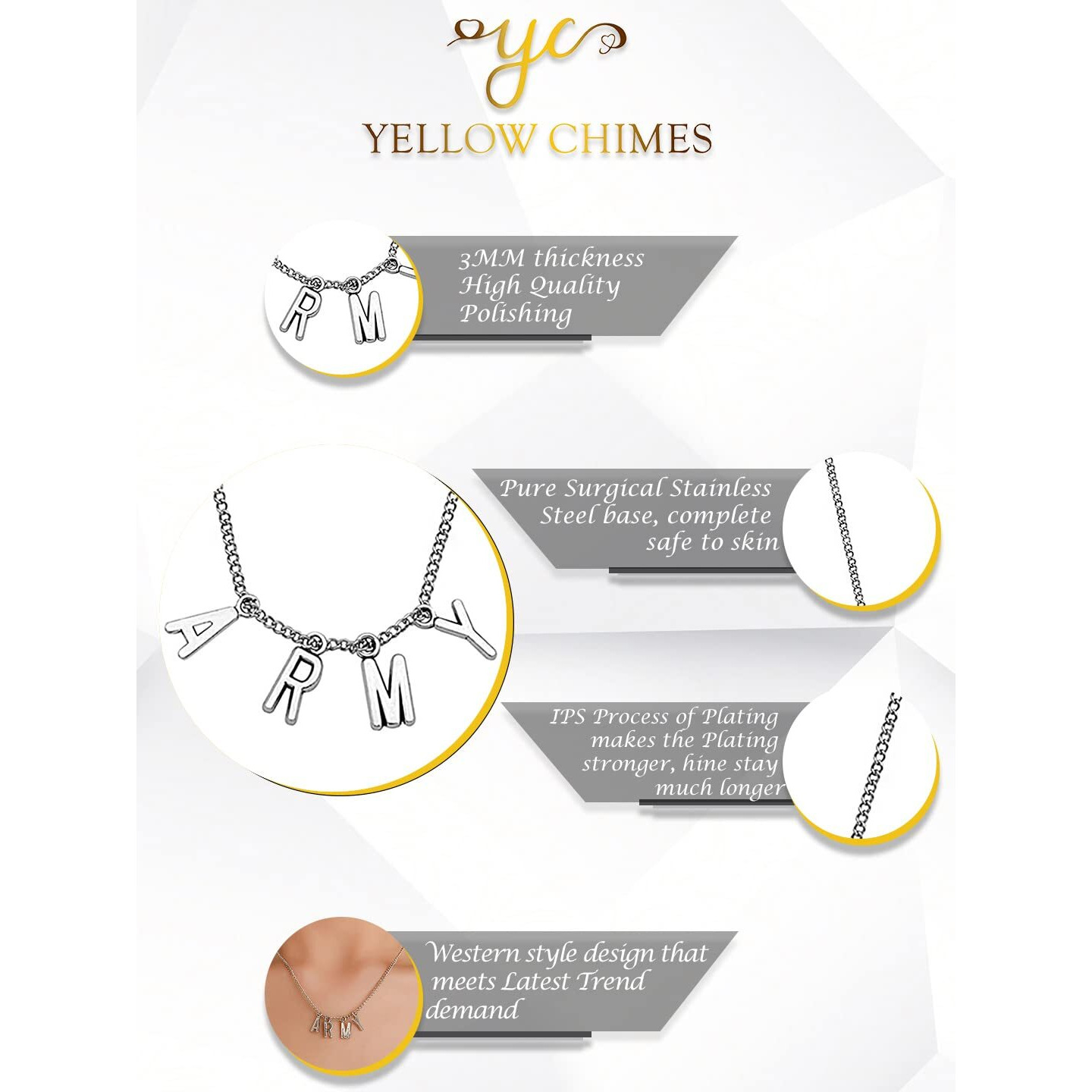 Yellow Chimes Chain Pendant Necklace for Unisex Silver Chain Necklace Stainless Steel ARMY Pendant Necklace for Girls and Boys.