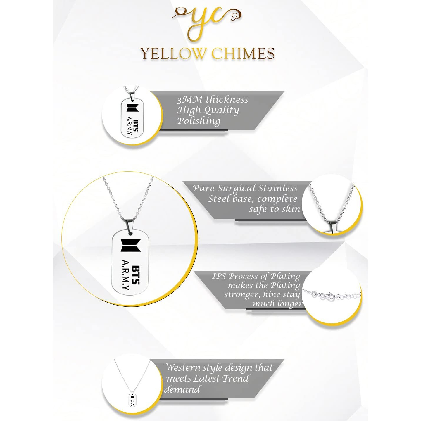 Yellow Chimes BTS Pendant for Women Silver Chain Pendant Stainless Steel 3 mm BTS Army Dog Tag Pendant Necklace for Men and Boys.