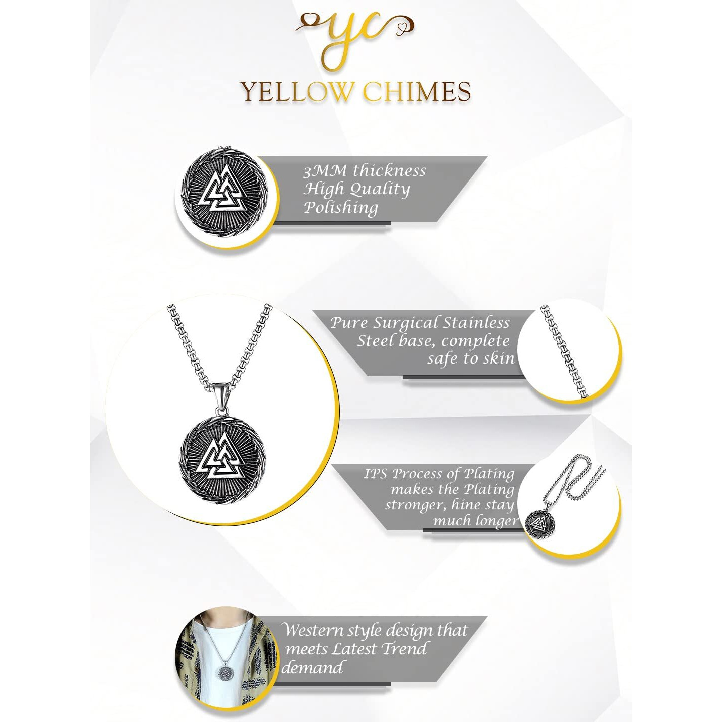 Yellow Chimes Chain Pendant for Men Silver Chain Men Pendant Stainless Steel Valknut Odin Symbol Locket Pendant for Men and Boys.