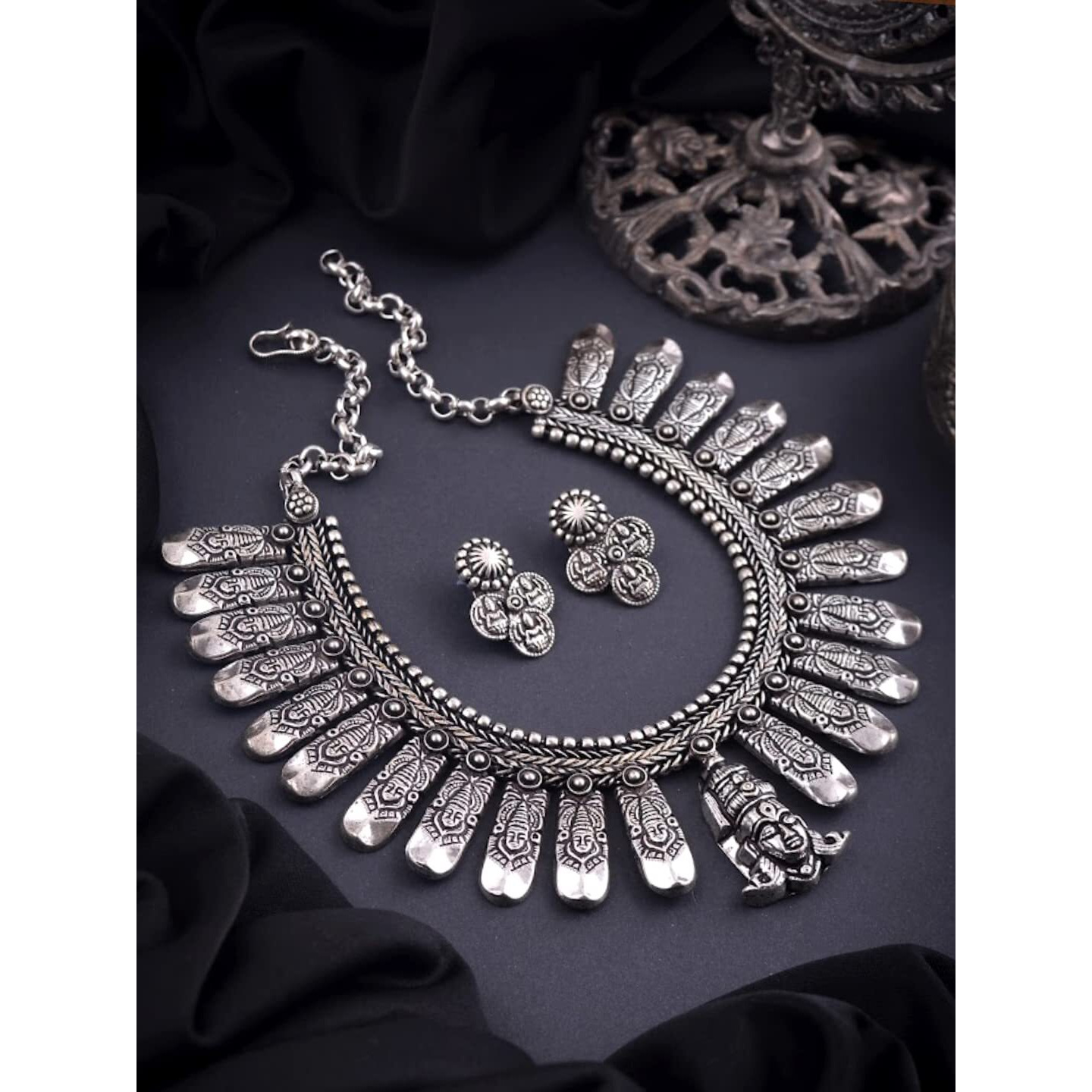 Yellow Chimes Jewellery Set for Women and Girls Traditional Silver Oxidised Jewellery Set Silver Choker Set | Threaded Choker Necklace Set for Women (Choker Necklace Set)