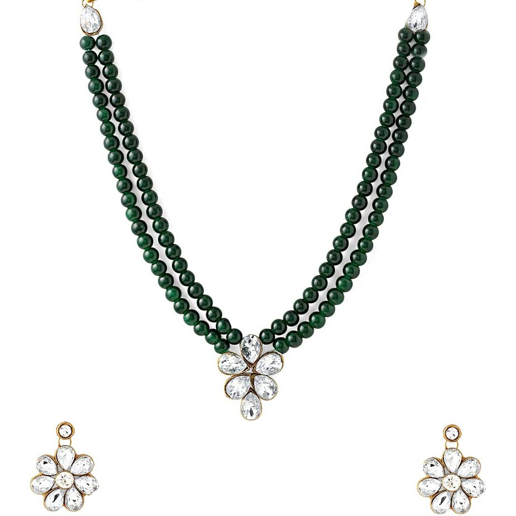 Yellow Chimes Jewellery Set for Women and Girls Traditional Green Beads Necklace Set for Women | Gold Plated Stone Beads Necklace Set | Birthday Gift for girls and women Anniversary Gift for Wife