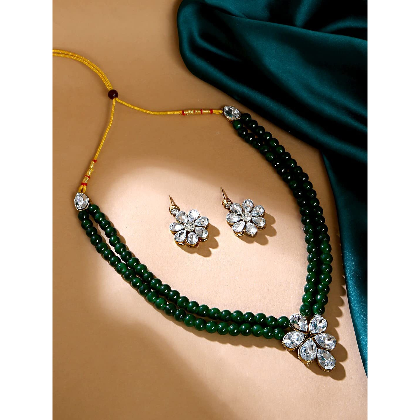 Yellow Chimes Jewellery Set for Women and Girls Traditional Green Beads Necklace Set for Women | Gold Plated Stone Beads Necklace Set | Birthday Gift for girls and women Anniversary Gift for Wife