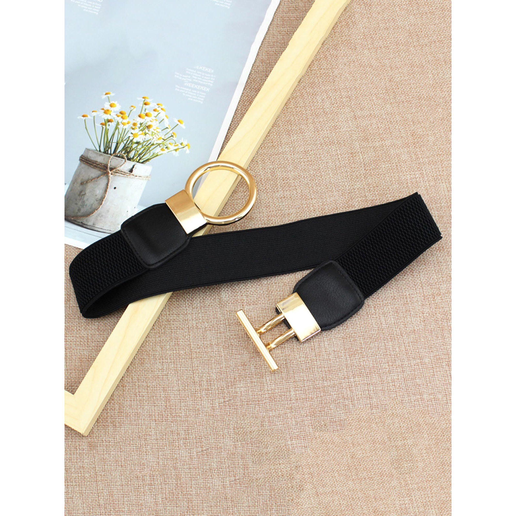 Yellow Chimes Waist Belt for Women Kamarband Black Retro Elastic Stretchy Metal Buckle Kamarband Waist Belt for Women and Girls
