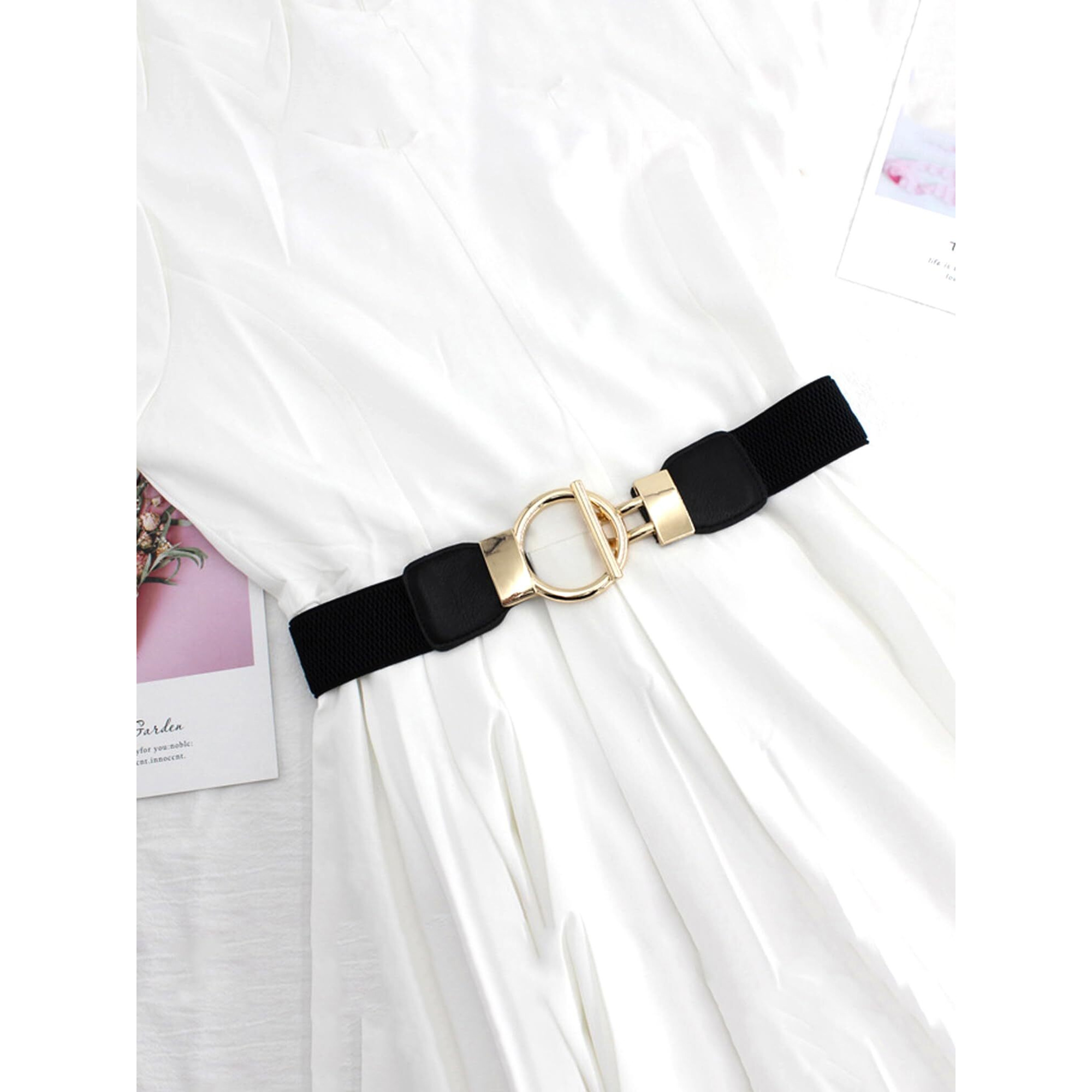 Yellow Chimes Waist Belt for Women Kamarband Black Retro Elastic Stretchy Metal Buckle Kamarband Waist Belt for Women and Girls