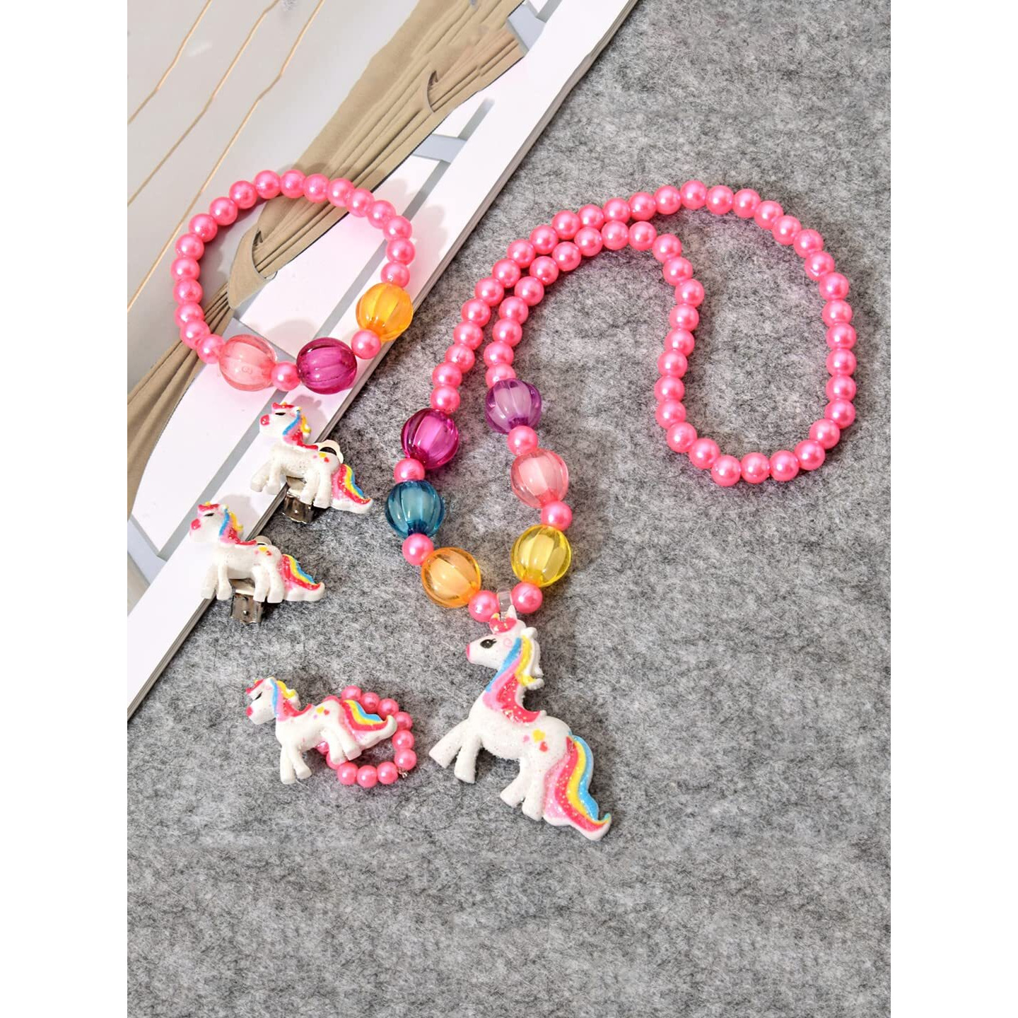 Melbees by Yellow Chimes Unicorn Jewellery Set for Kids Girls Kids Jewellery Pink Beads Necklace Set Bracelet Ring Accessories Set for Kids