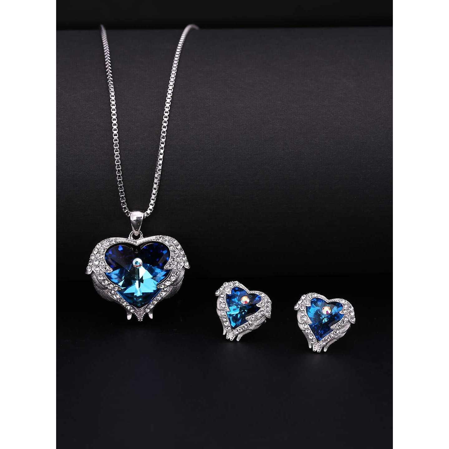 Yellow Chimes Pendant Set for Women and Girls A5 High Grade Blue Crystal Pendant Set Silver Tone Heart Pendant With Earrings Set for Girls | Birthday Gifts For Women Valentine Gift for Girls