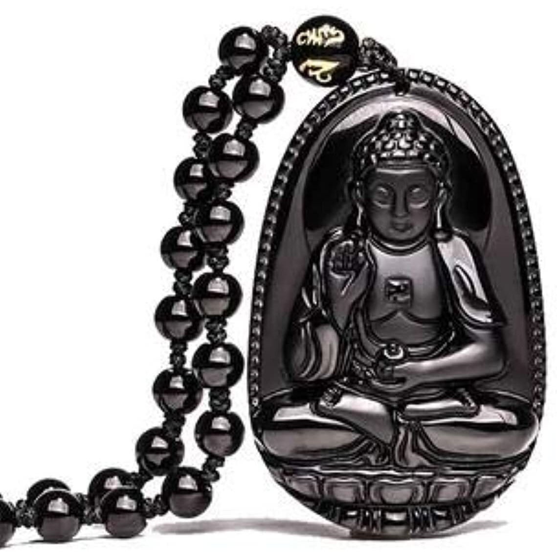 Yellow Chimes Exclusive DVine Collection Natural Black Obsidian Hand-Carved Healing Beads Natural Stones Reiki Buddha Long Pendant Necklace Men And Women (Unisex)