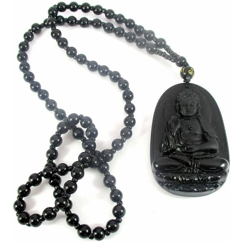 Yellow Chimes Exclusive DVine Collection Natural Black Obsidian Hand-Carved Healing Beads Natural Stones Reiki Buddha Long Pendant Necklace Men And Women (Unisex)
