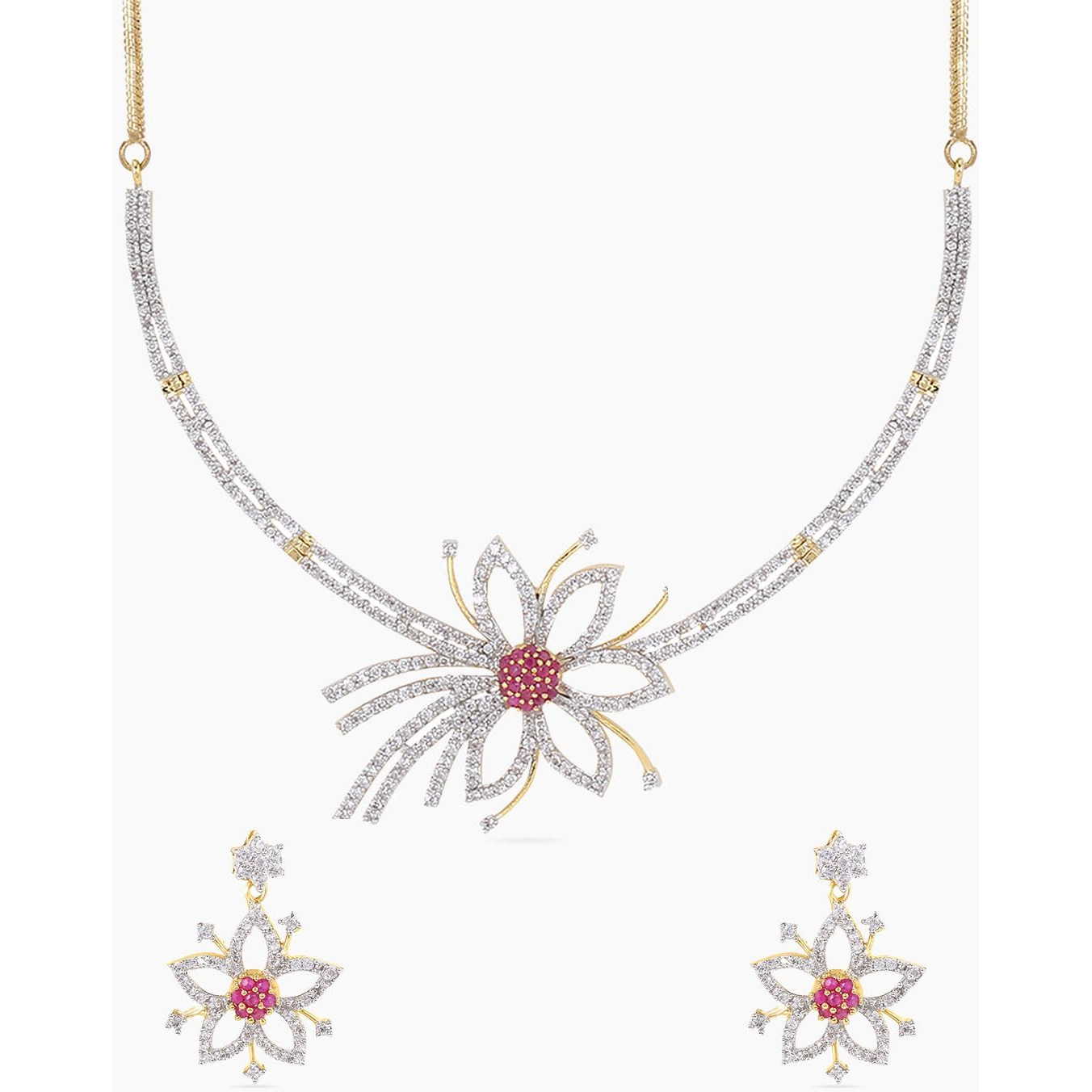 Yellow Chimes American Diamond Necklace Set For Women | Red and White Stone Gold plated Jewellery Set For Women | Diamond Necklace Set | Birthday Gift for Girls Anniversary Gift for Wife