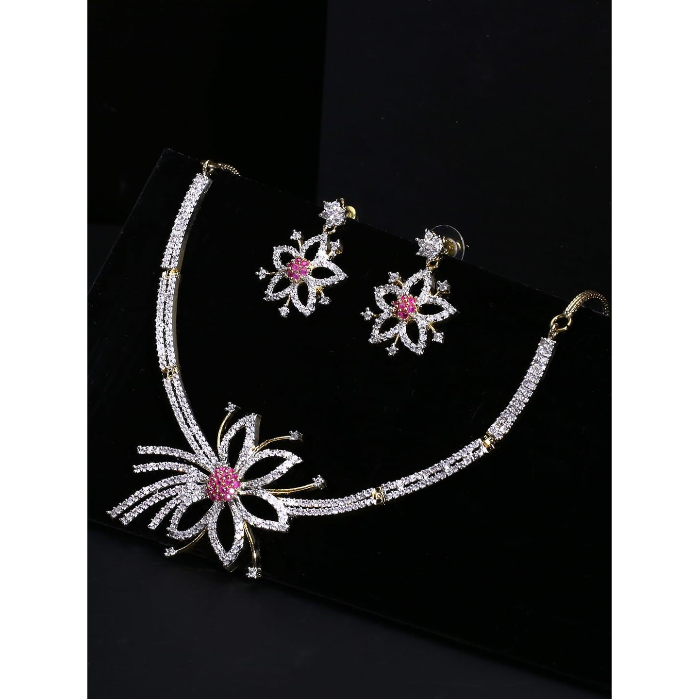 Yellow Chimes American Diamond Necklace Set For Women | Red and White Stone Gold plated Jewellery Set For Women | Diamond Necklace Set | Birthday Gift for Girls Anniversary Gift for Wife