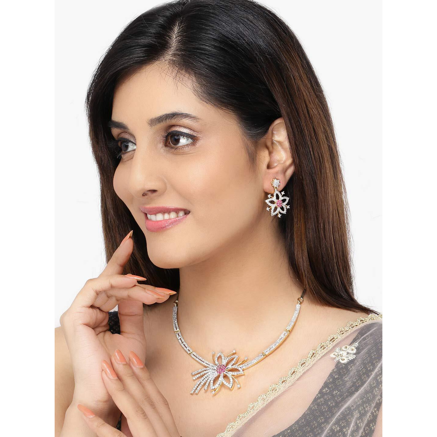 Yellow Chimes American Diamond Necklace Set For Women | Red and White Stone Gold plated Jewellery Set For Women | Diamond Necklace Set | Birthday Gift for Girls Anniversary Gift for Wife