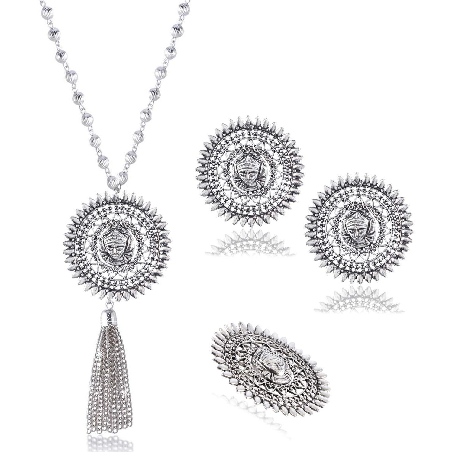 Yellow Chimes Goddess Durga Ma Pendant Necklace with Earrings and Ring Oxidised Jewellery Sets for Women and Girls