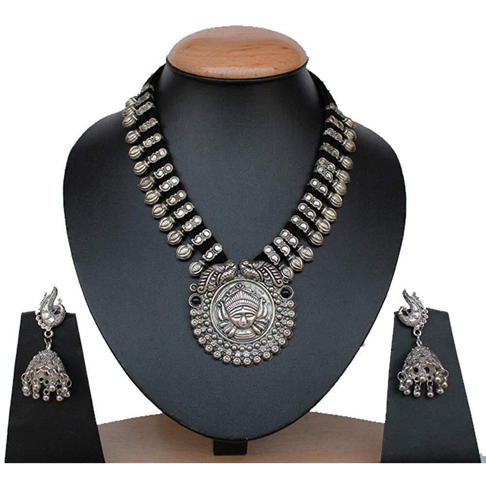 Yellow Chimes German Oxidised Silver Antique Durga Design Threader Traditional Necklace set with Peacock Jumka Earring Jewellery Set for Women and Girls