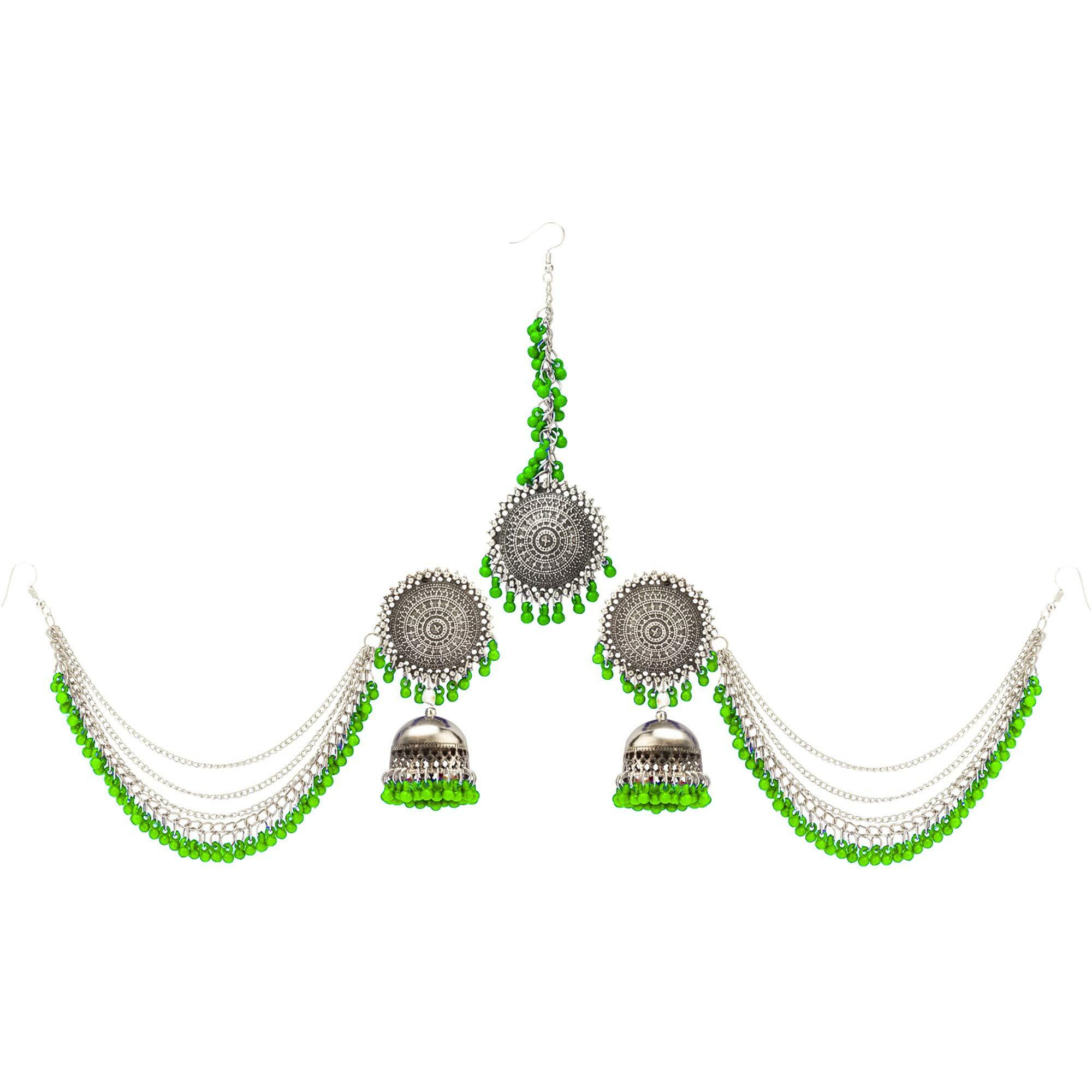 Yellow Chimes German Oxidised Silver Antique Traditional Maang Tikka with Earrings Jewellery Set for Women and Girls (Green)