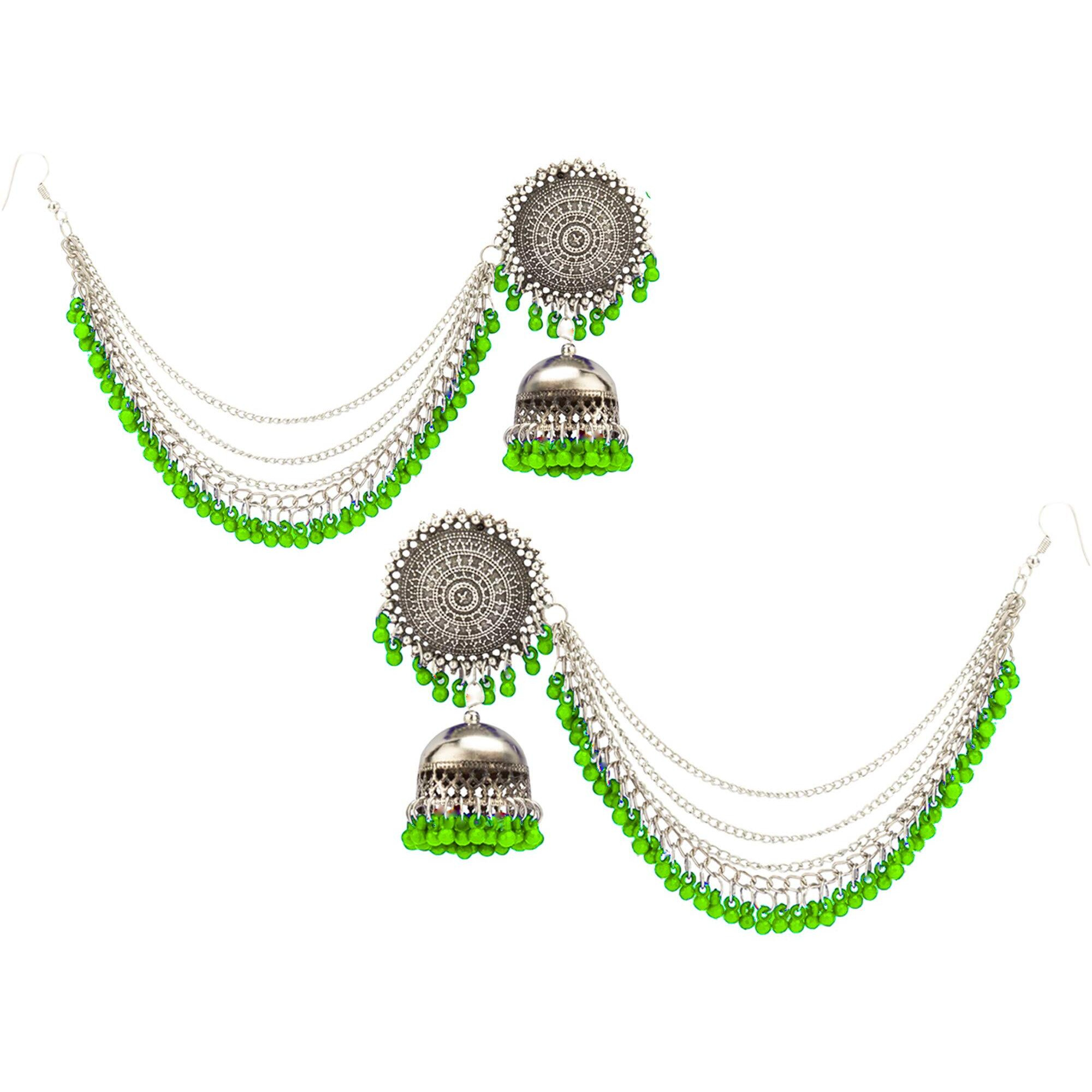 Yellow Chimes German Oxidised Silver Antique Traditional Maang Tikka with Earrings Jewellery Set for Women and Girls (Green)