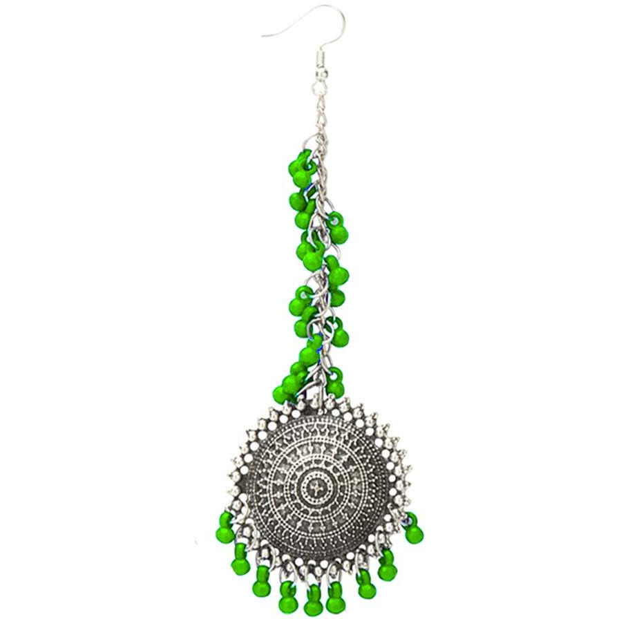 Yellow Chimes German Oxidised Silver Antique Traditional Maang Tikka with Earrings Jewellery Set for Women and Girls (Green)