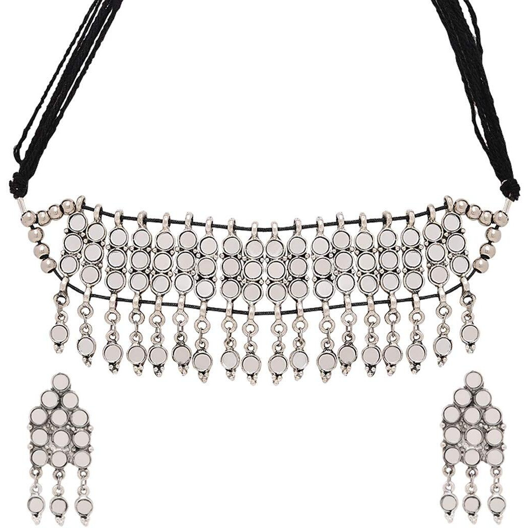 Yellow Chimes Navratra Special Choker Necklace Set Mirror Handmade by Artisans Silver Oxidised Dori Thread Antique Traditional Necklace Set with Earrings Jewellery sets for Women & Girls