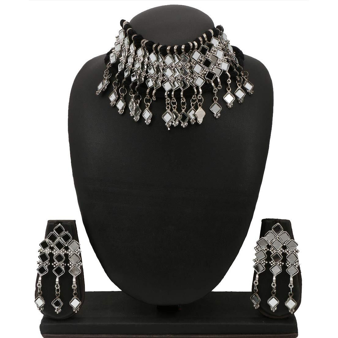 Yellow Chimes Ethnic German Silver Oxidised Beads Threaded Jewellery Set Traditional Choker Necklace Set for Women and Girls