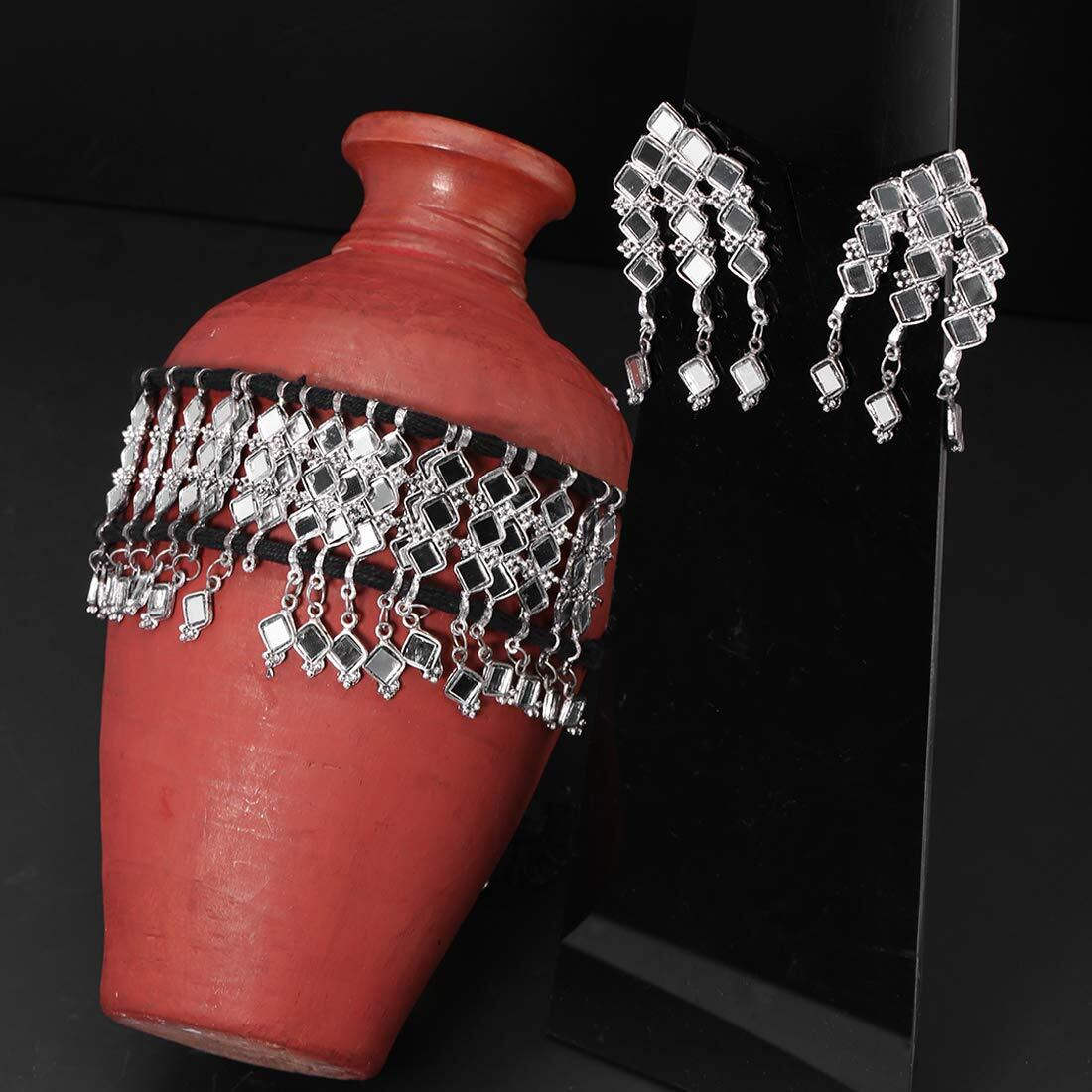 Yellow Chimes Ethnic German Silver Oxidised Beads Threaded Jewellery Set Traditional Choker Necklace Set for Women and Girls
