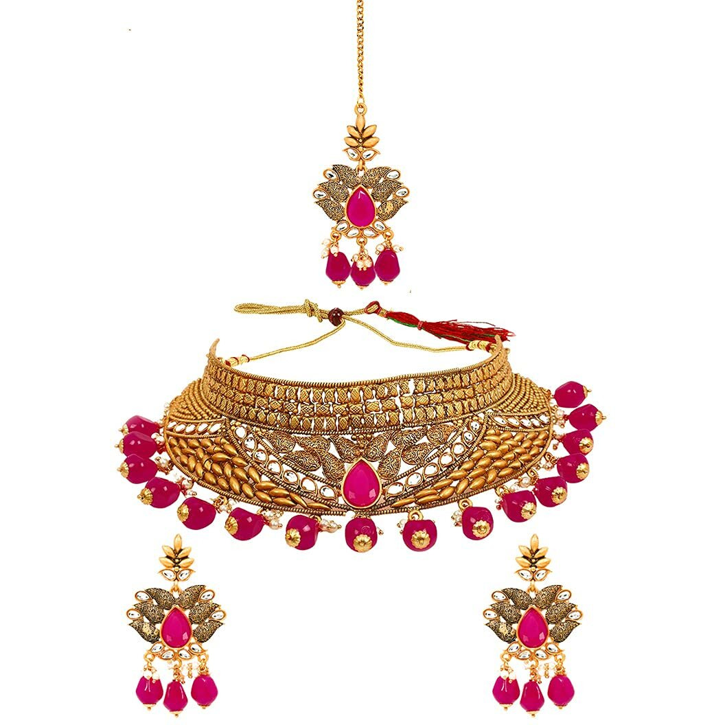 Yellow Chimes Gold Plated Traditional Kundan Studded Pink Pearl Choker Necklace Set with Chandbali Earrings and maang Tikka Bridal Jewellery Set, Gold, Pink, Medium (YCTJNS-09BDSCHK-PK)