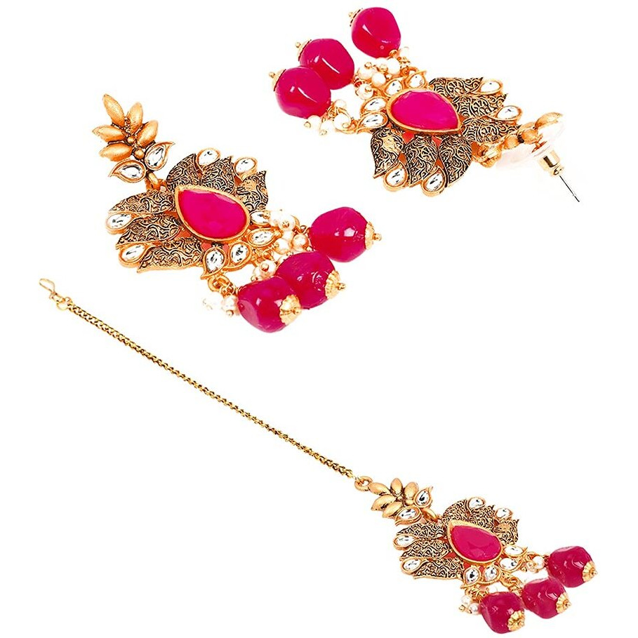 Yellow Chimes Gold Plated Traditional Kundan Studded Pink Pearl Choker Necklace Set with Chandbali Earrings and maang Tikka Bridal Jewellery Set, Gold, Pink, Medium (YCTJNS-09BDSCHK-PK)