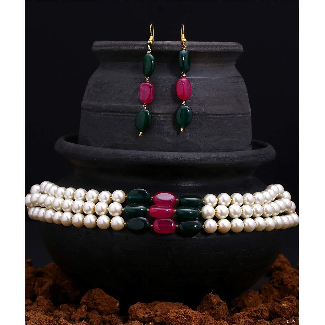 Yellow Chimes Jewellery Set for Women and Girls Traditional White Pearl Necklace Set for Women | Gold Plated Choker Necklace Set | Multilayer Pearl Choker Set | Birthday Gift for girls and women Anniversary Gift for Wife