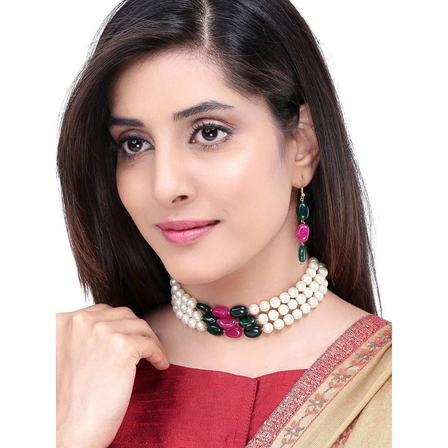Yellow Chimes Jewellery Set for Women and Girls Traditional White Pearl Necklace Set for Women | Gold Plated Choker Necklace Set | Multilayer Pearl Choker Set | Birthday Gift for girls and women Anniversary Gift for Wife