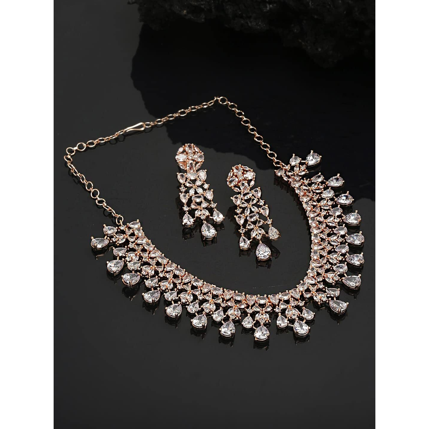 Yellow Chimes American Diamond Necklace Set For Women | White Stone Rose Gold Jewellery Set For Women | Diamond Necklace Set | Birthday Gift for Girls Anniversary Gift for Wife