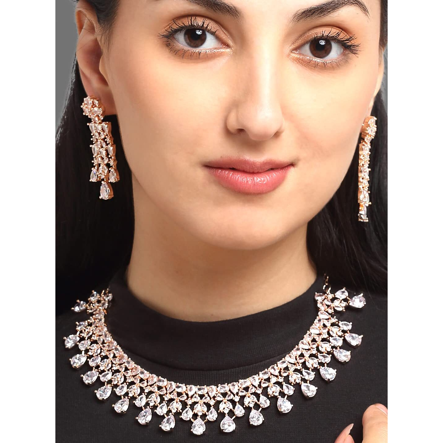 Yellow Chimes American Diamond Necklace Set For Women | White Stone Rose Gold Jewellery Set For Women | Diamond Necklace Set | Birthday Gift for Girls Anniversary Gift for Wife