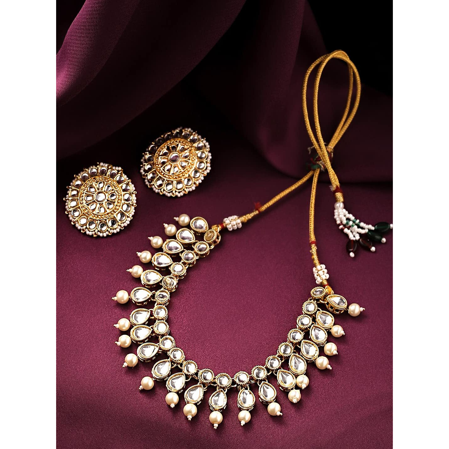 Yellow Chimes traditional necklace set for woman Gold-Plated Kundan Choker Necklace Set Traditional Kundan-Studded Beaded Necklace Set For Women & Girls