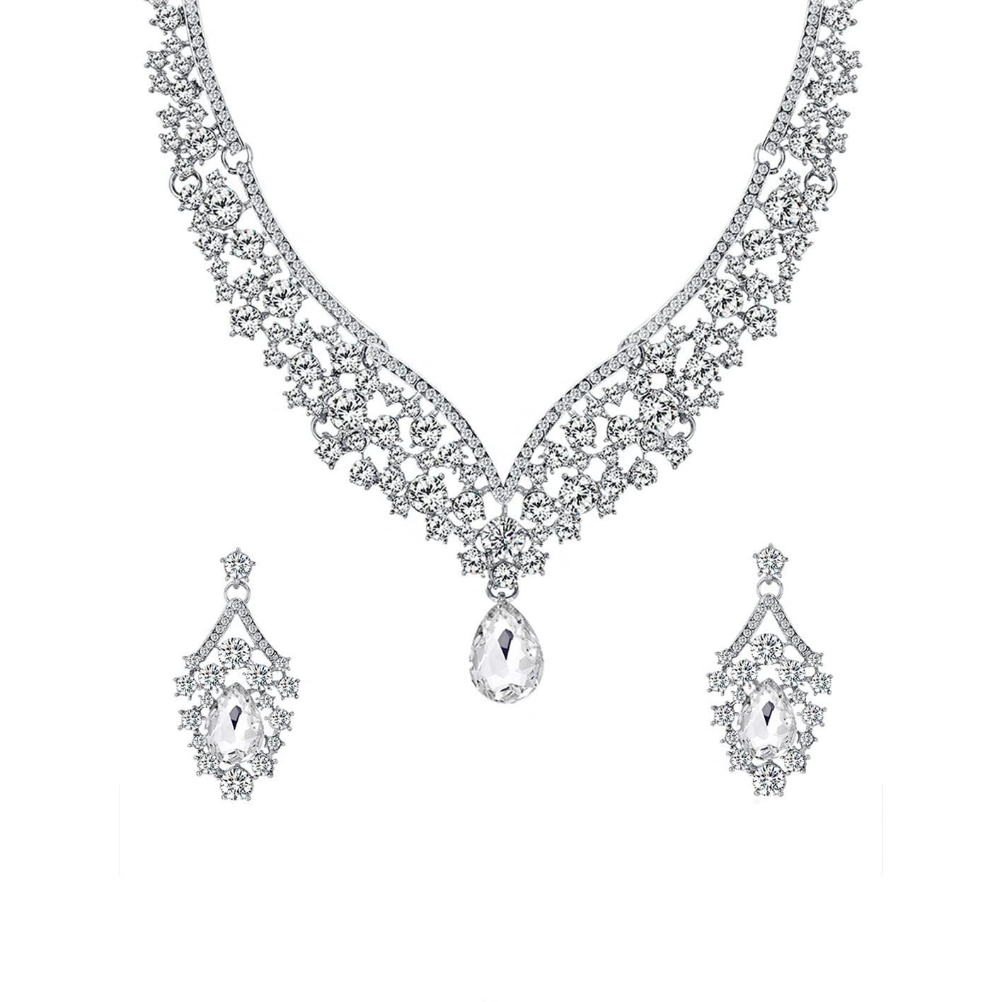 Yellow Chimes Jewellery Set for Women and Girls Fashion White Crystal Jewellery Set for Women | Silver Toned Crystal Choker Necklace Set | Birthday Gift for Girls & Women (Design 5)