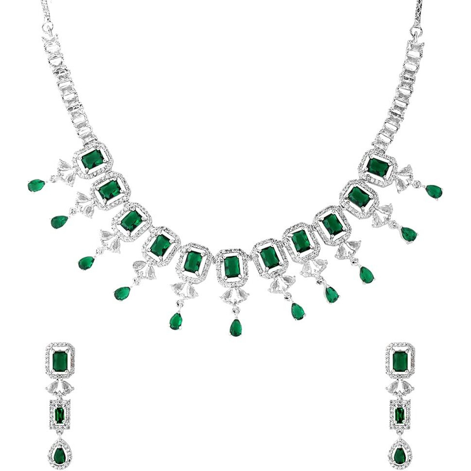Yellow Chimes American Diamond Necklace Set For Women | Green Stone Silver Jewellery Set For Women | Diamond Necklace Set | Birthday Gift for Girls Anniversary Gift for Wife