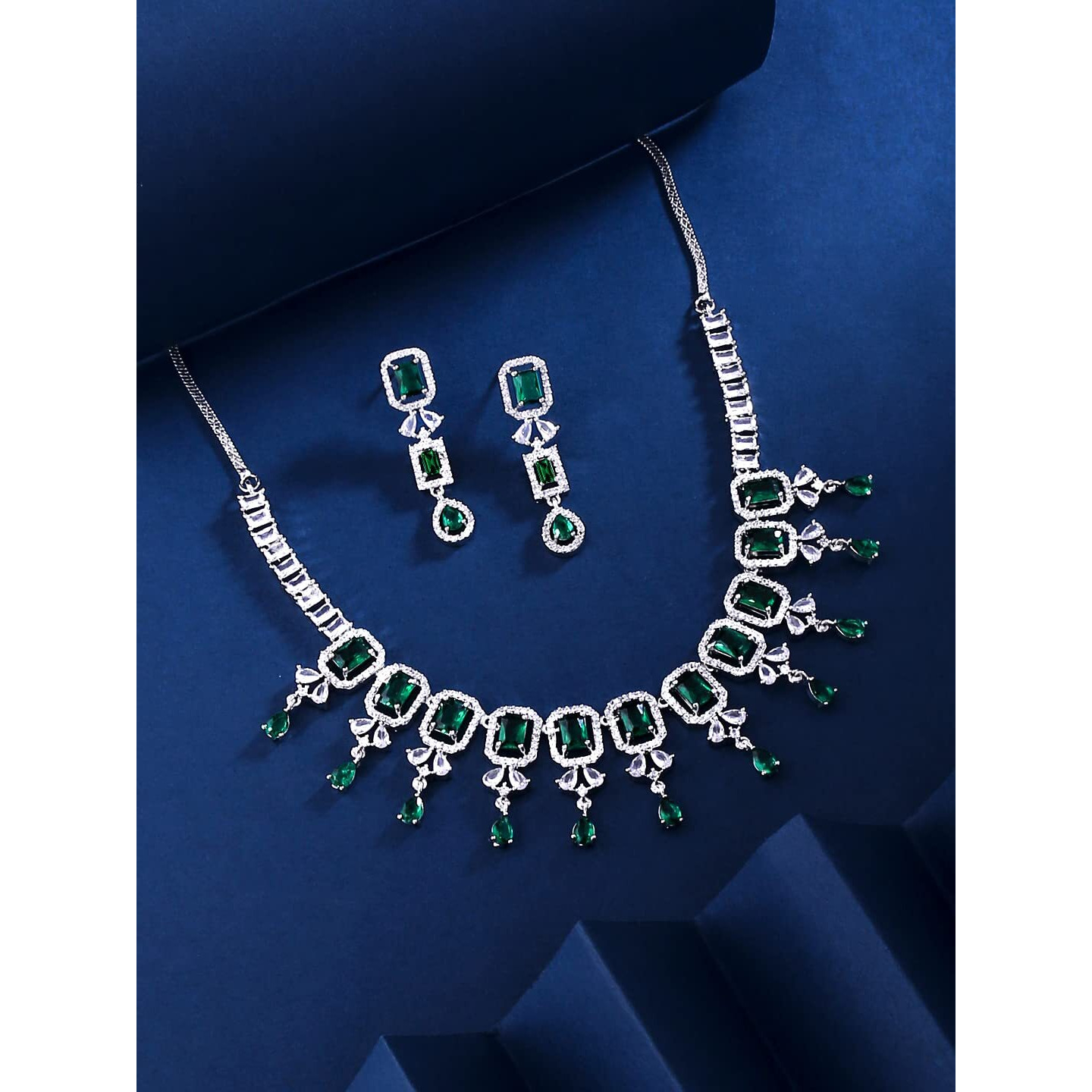 Yellow Chimes American Diamond Necklace Set For Women | Green Stone Silver Jewellery Set For Women | Diamond Necklace Set | Birthday Gift for Girls Anniversary Gift for Wife