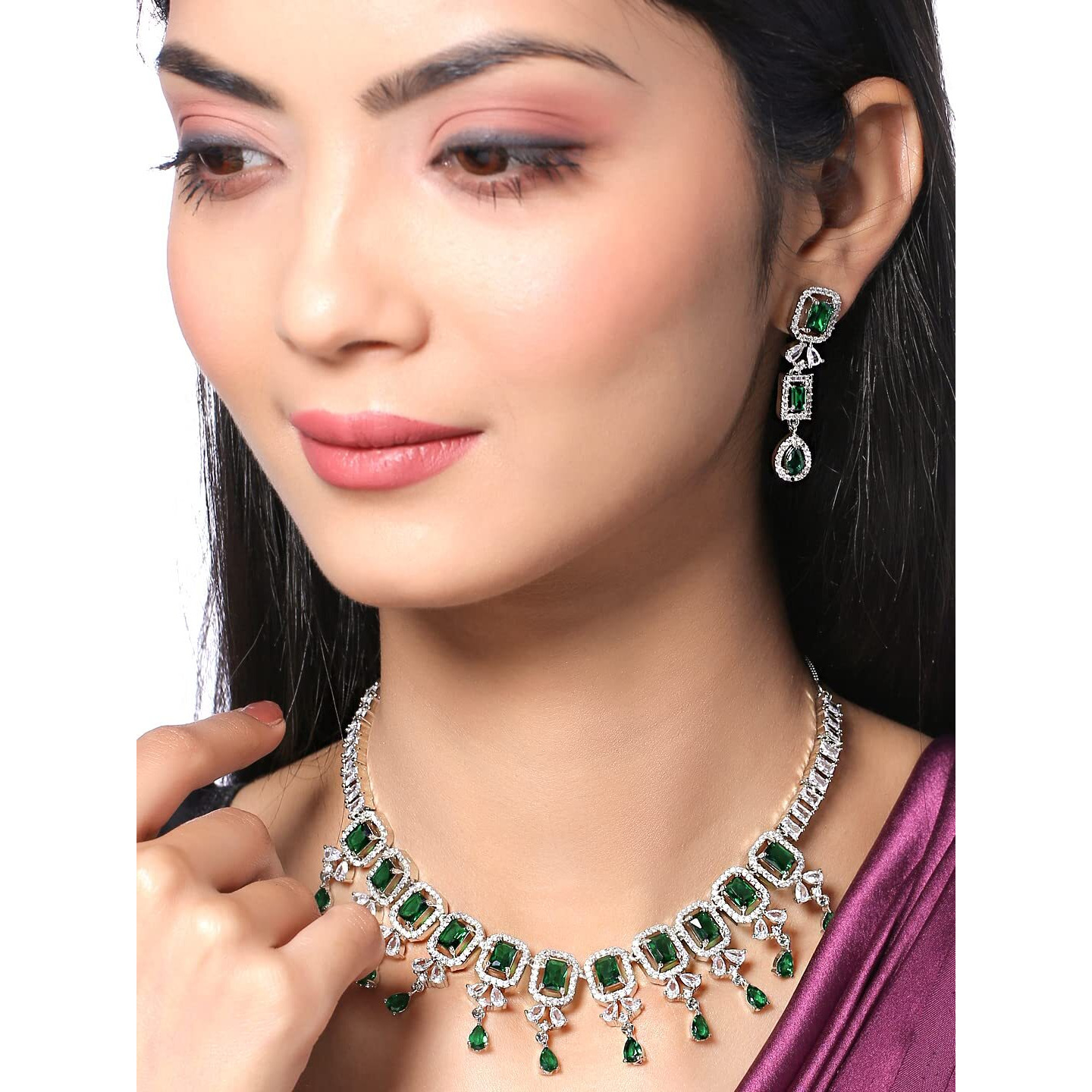 Yellow Chimes American Diamond Necklace Set For Women | Green Stone Silver Jewellery Set For Women | Diamond Necklace Set | Birthday Gift for Girls Anniversary Gift for Wife