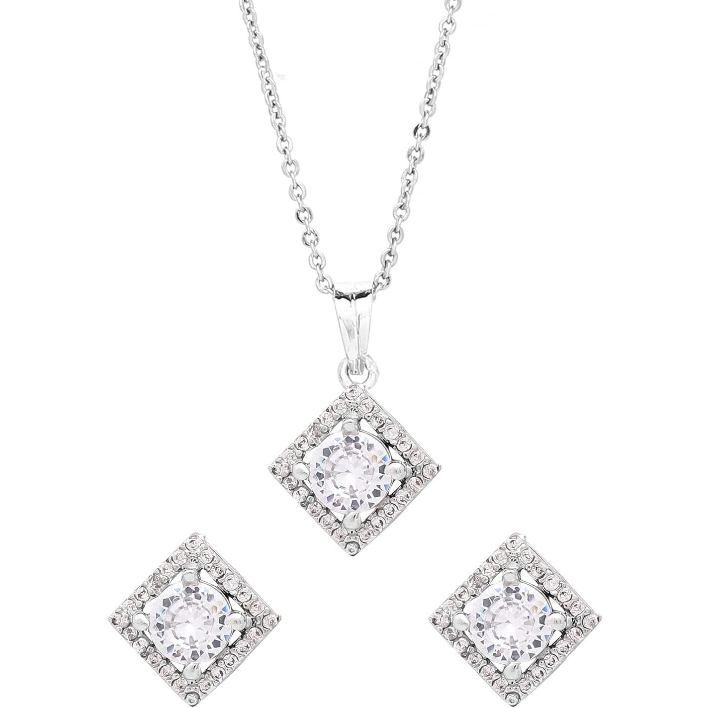 Yellow Chimes Pendant Set for Women Silver Toned AD/American Dimaond Crytal Studded Square Shaped Pendant Set with Earrings for Women and Girls